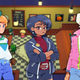 Three Cassette Beasts trainers stand in a cafe with black-and-white tiling and a pine wood elevated platform stage.